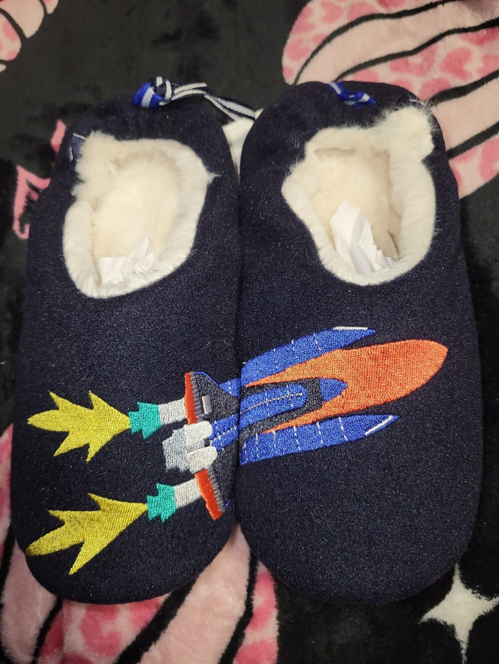 Joules Navy Rocket Slip-On Footie Slippers with Cream Lining